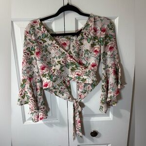 Forever 21 Floral Tie-Front Blouse - Pink and Green